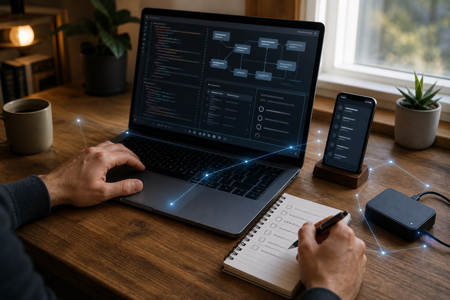 Human reviewing AI-assisted software work with a checklist and backup drive