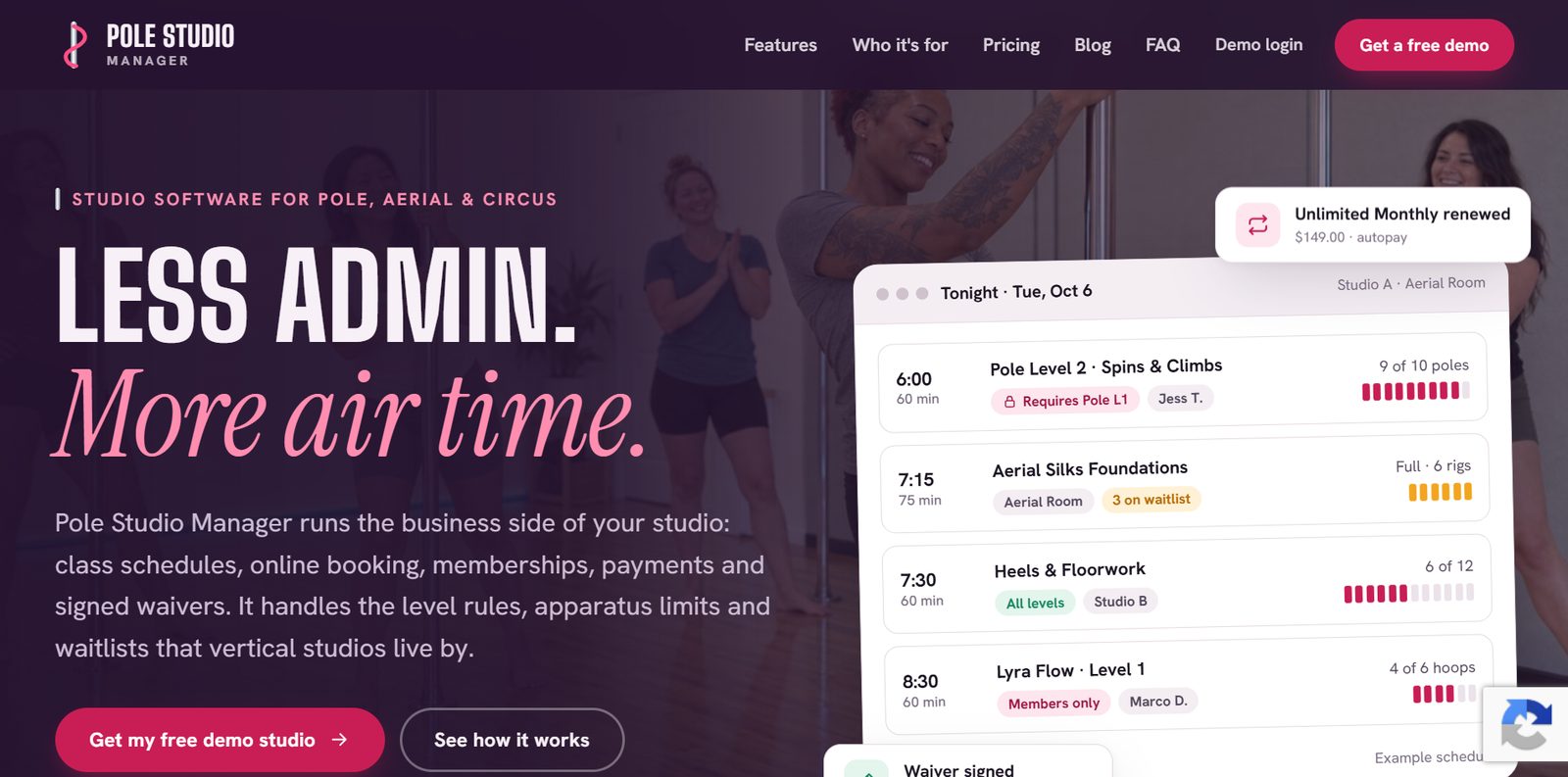 The redesigned Pole Studio Manager homepage